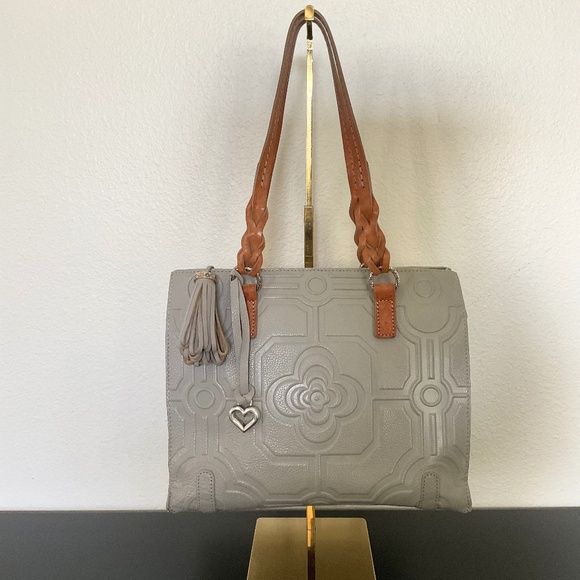 BRIGHTON Shoulder Bag Textured Light Grey With Brown Braided Straps - Picture 1 of 13